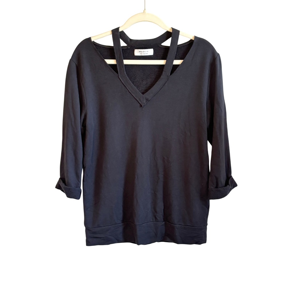 Bailey/44 Sweatshirt Black Womens Medium Strappy Cutout V-Neck Modal Fleece Top
